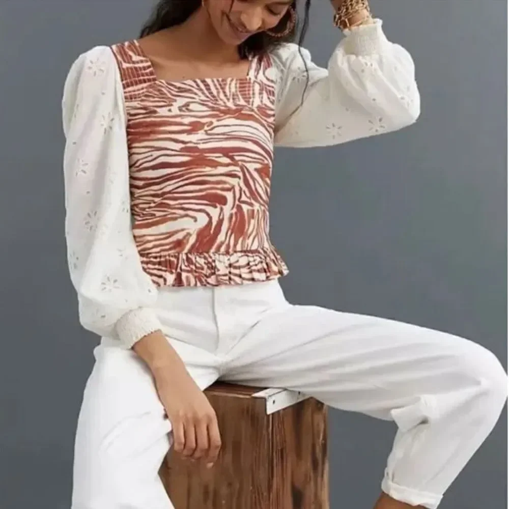 Revolve Anthropologie Love The Label Smocked Puff-Sleeve Brown Zebra Blouse